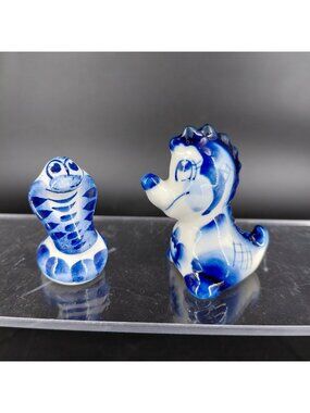 Russian Gzhel Porcelain Reptile Figurine Lot 2 Blue White Snake Alligator Animal